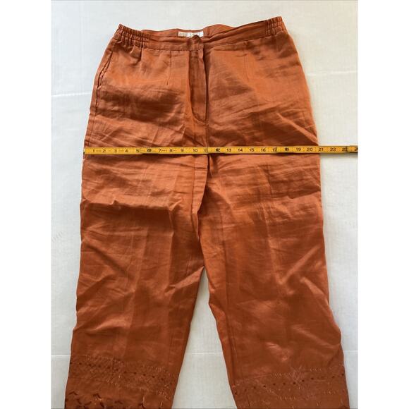 VTG 80s 90s Lino USA Orange Floral Decorated 100% Linen Pants Medium Summer - Picture 5 of 7
